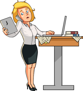 Businesswoman with no business communication plan trying to keep track of her work