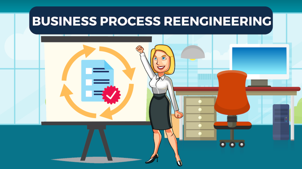 Business process Re-engineering Featured Image with happy Business woman doing a presentation