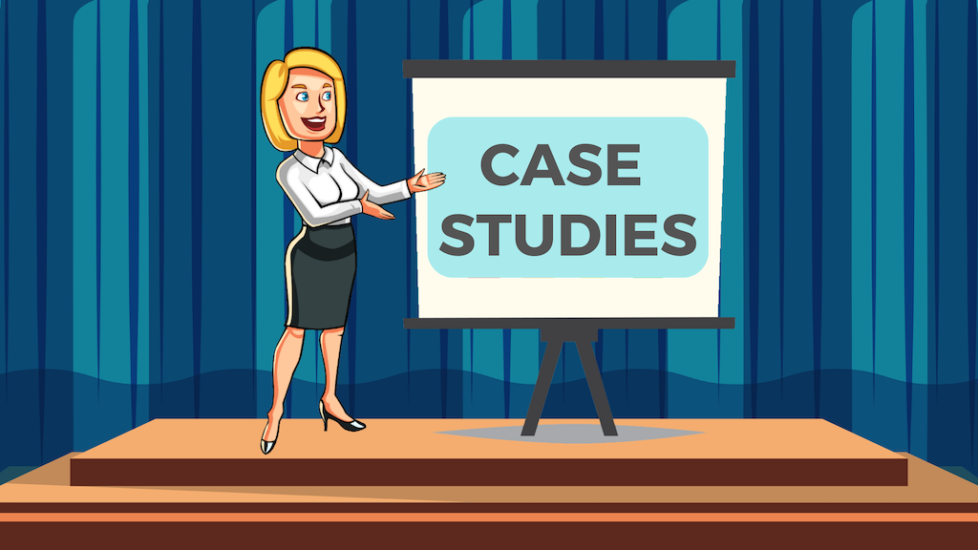 Case Studies Featured Image with Business woman on stage with presentation
