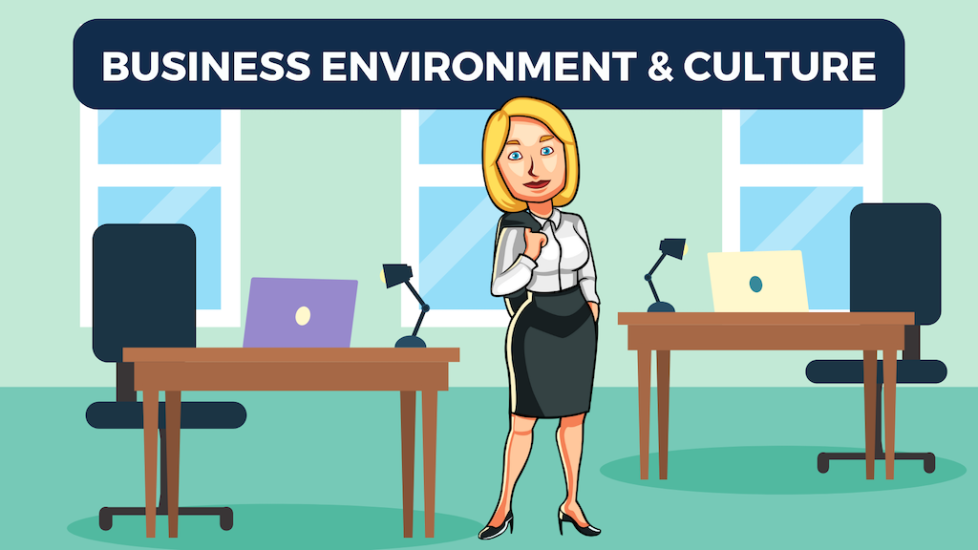 Business Environment and Culture Featured Image with Business woman standing in front 2 desks
