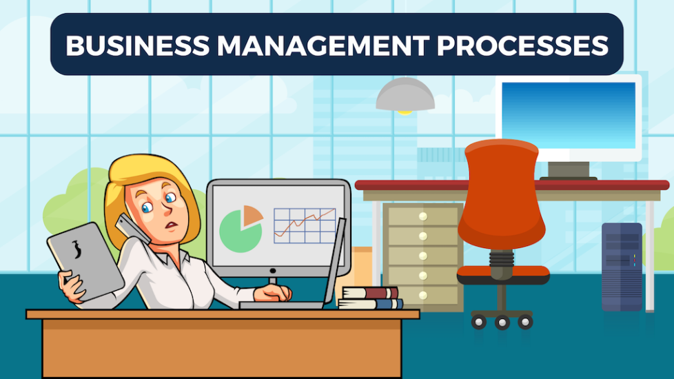 Business Management Process Featured Image with Business woman on the phone in front of laptop improving her business management processes