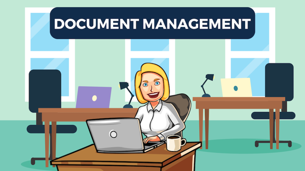 Document Management Featured Image with Business woman smiling at her desk in front of laptop