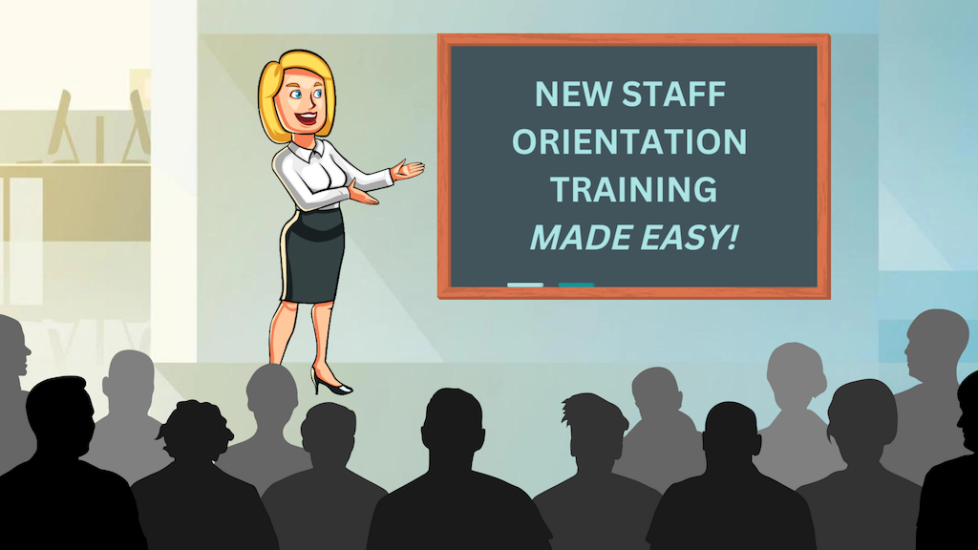 New Staff Orientation Training Featured image with business woman in front of blackboard with audience Background image by sentavio on Freepik